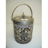 Doulton Lambeth biscuit barrel with plated handle and cover with glazed floral pattern, the