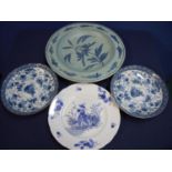 Group of 19th/20th C ceramics including blue and white hand painted plate depicting a China man on