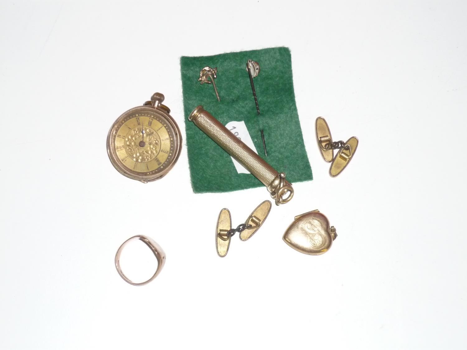 Pair of gilt metal cufflinks, a gents 9ct gold signet ring, two stock pins, a repelling pencil in