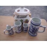 Four blue & white Delft style Dutch tankards and a large Staffordshire twin handle bread pot (5)