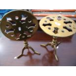 Pair of 19th/20th C brass tilt top trivet stands in the form of tripod tables with circular tops,