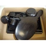 Ebony dressing table set comprising of rectangular tray, pin cushions, glove stretchers, various