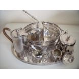 Four piece silver plated tea service, various other plated ware including oval tray, candle