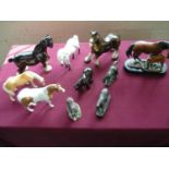 Box containing a quantity of various decorative ceramic and other figures of horses including a