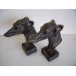 Pair of bronze effect cast metal greyhound/lurcher type dog head busts on rectangular bases (