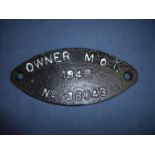 Oval cast metal loco plate 'Owner M.O.T 1948 No 36043'
