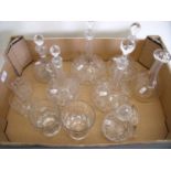 Set of five long necked cut glass decanters, two other decanters, two glasses and a pair of large