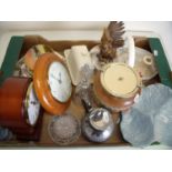 Selection of various decorative ceramics, plated ware, cut glass, two modern clocks, pewter claret