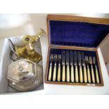 Part cased fish knife & fork set, pair of brass candlesticks, silver plated cruet stand and a