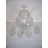 Edwardian quality glass punch bowl, ladle and set of six cups with engraved detail