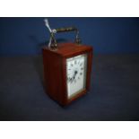 Late 19th C walnut cased carriage clock with white enamel dial and cylinder escapement (A/F)