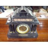 Late 19th C black slate and variegated marble mantel clock of architectural form movement stamped