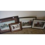 Framed country print 'Mr Pecksniff Leaves for London', two signed hunting lithographs and another