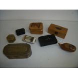 Selection of various assorted snuff and other boxes, including 19th C brass rectangular box, another