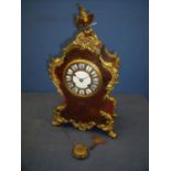 Late 19th C tortoiseshell and bulle work striking mantel clock, gilt work dial with inset enamel
