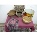 Two small rectangular wicker baskets, various other wicker ware, candle stand etc