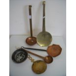 19th C brass skillet, copper skillet and four other pieces of decorative brassware