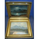 Pair of Edwardian oil on board paintings of mountainous landscape scenes, in gilt frames (40cm x