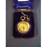 Cased Victorian ladies fob pocket watch in elaborately engraved 14ct gold case with engraved dial
