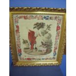 Gilt framed and mounted mid 19th C woolwork sampler depicting couple in landscape scene within