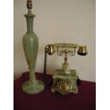 Green and gilt onyx telephone, and similar large table lamp (2)