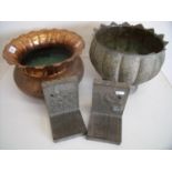 Pair of Arts & Crafts style pewter book ends embossed with Heraldic Dragon, a copper bowl stamped