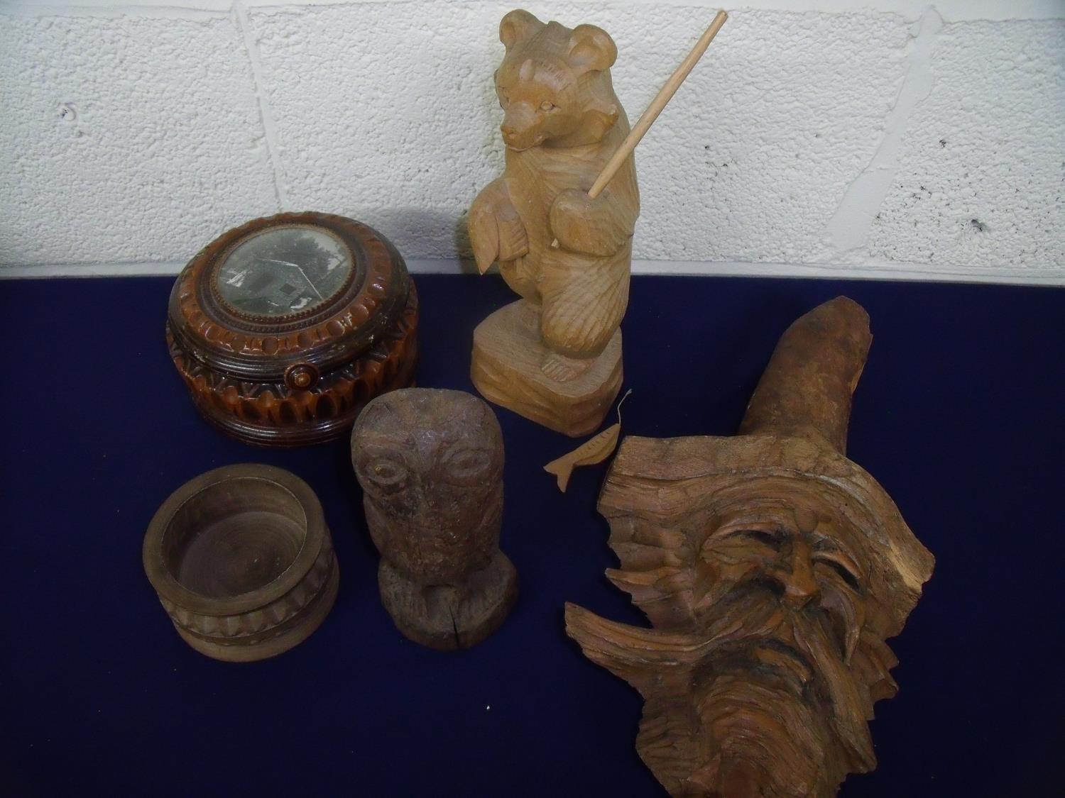 Carved wooden figure of a dancing bear, another folk art figure of a bearded gentleman with tall