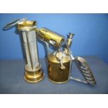 Welsh brass and meshwork miners style lamp and a Bladon of Birmingham brass blow torch (2)