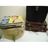 Vintage pig skin vellum hatbox, large selection of records and two vintage brown leather suitcases