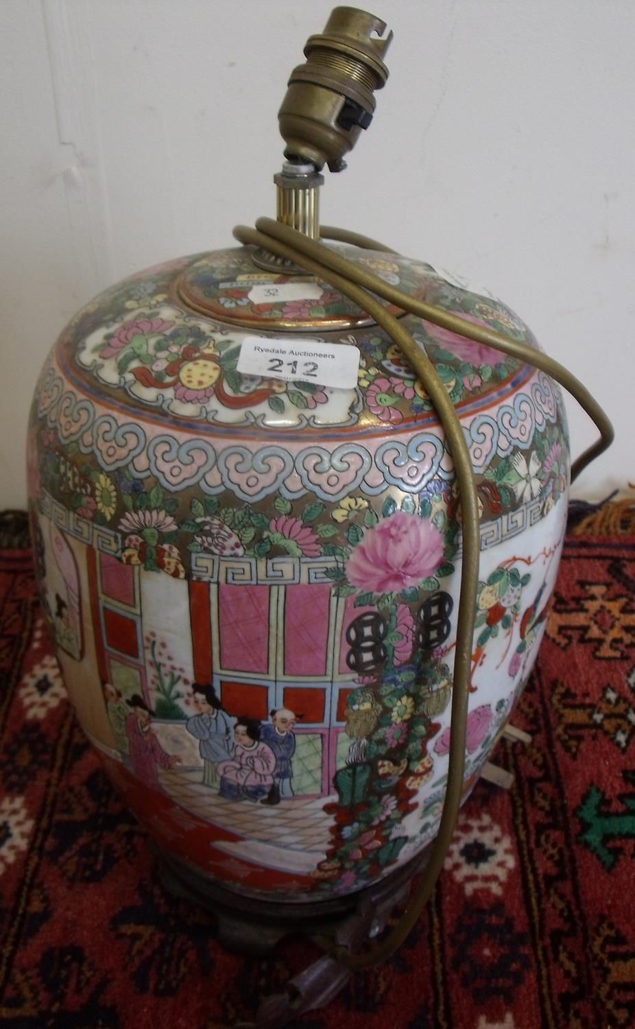 Oriental Famille Rose style table lamp with four panels depicting various figures within room