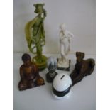 Soapstone African carved head, a Stig money box, carved wooden Buddhist figure and a carved figure