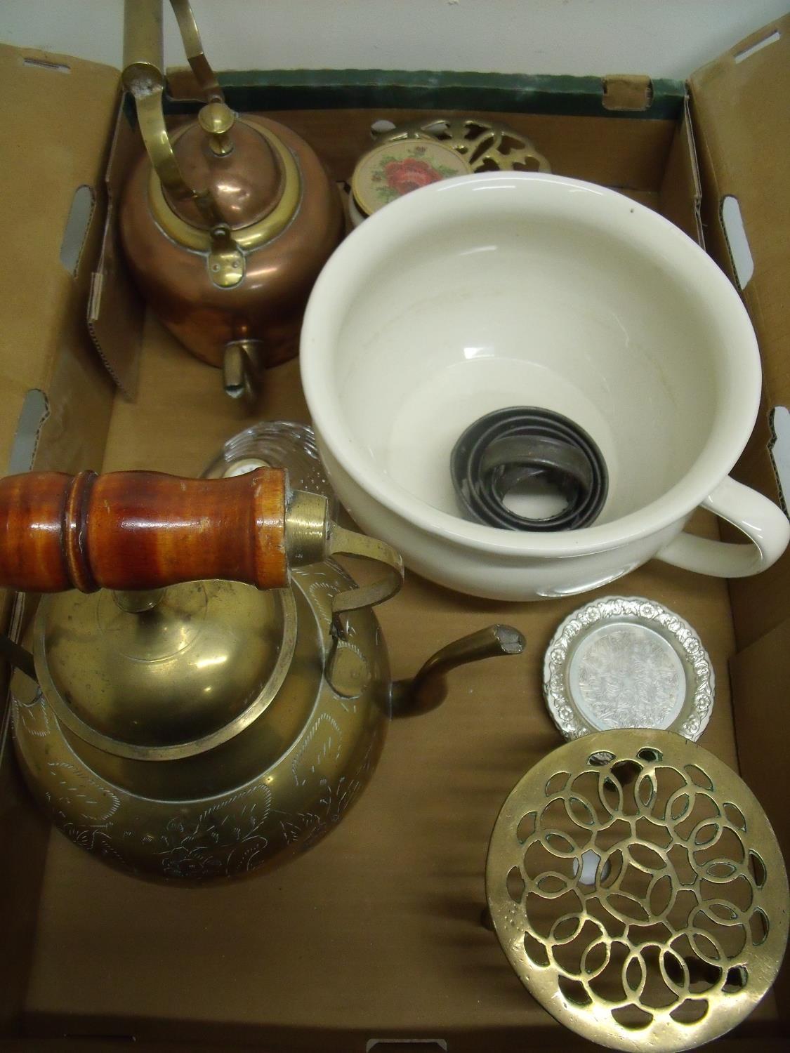 Copper kettle and stand, various other trivet stands, desk clock, pastry cutters, chamberpot, etc