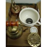 Copper kettle and stand, various other trivet stands, desk clock, pastry cutters, chamberpot, etc