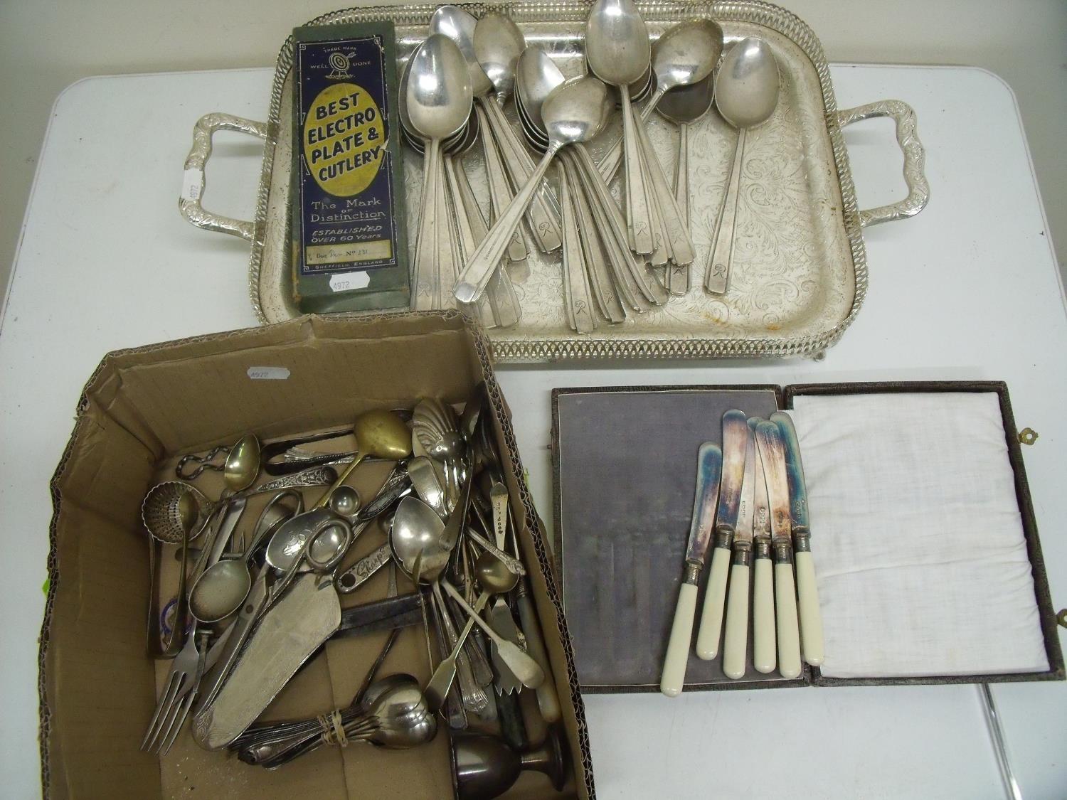 Selection of various assorted plated cutlery, twin handled tray, heavy duty silver plated Mappin &