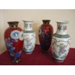Pair of Japanese enamel type vases (A/F) and a pair of ceramic vases (approx height 30cm)