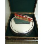 Large oak cased silver plated celebration cake stand (diameter 40cm) and a boxed cake knife