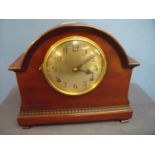 Early 20th C mahogany cased arched top mantel clock with brass dial and chiming movement