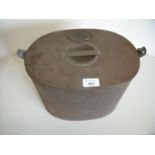 Oval tin cooking pot with swing handle and lift up top, with later applied GWR plaque (35cm x 23cm x