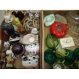 Selection of retro circa 1970s glass cups, various swan figures, Lurpak butter dish, soapstone pans,