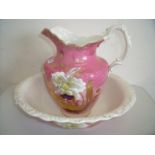 Victorian jug and bowl set, pink decoration with flowers and gilt highlights