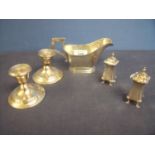 Birmingham 1938 silver hallmarked sauce boat, a pair of silver hallmarked pepperettes and a pair