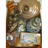 Circular copper hot water bottle, various other copperware, boxed chess set, inkwell, AA car badge