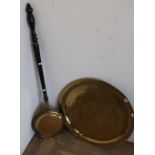 Late Victorian copper and brass bedwarmer with turned fruitwood handle and a middle Eastern brass