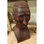 Carved wood head and shoulder bust