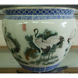 Large 20th C Chinese jardiniere decorated with various cranes and fish to the interior (diameter