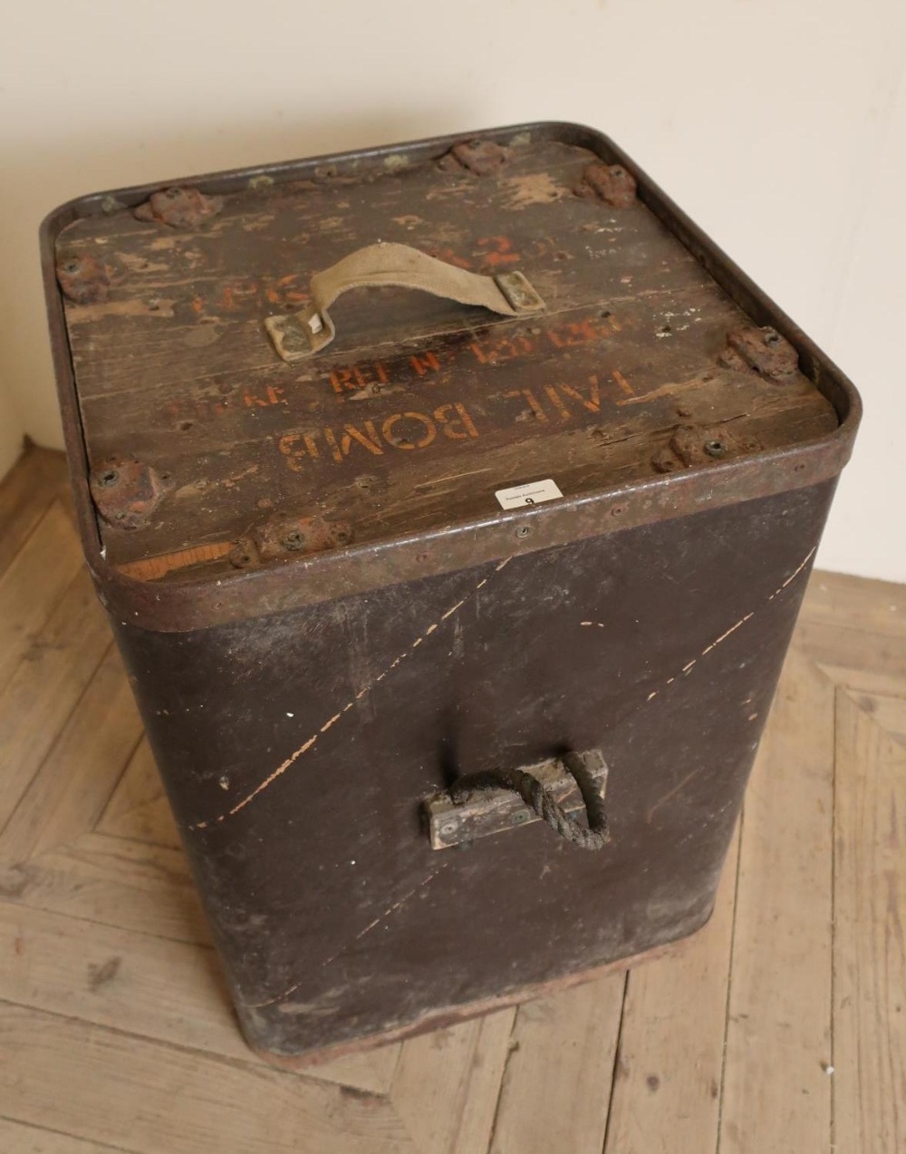 1960s Ministry of Defence ply wood and metal backed bomb box with rope handles (50cm x 66cm)