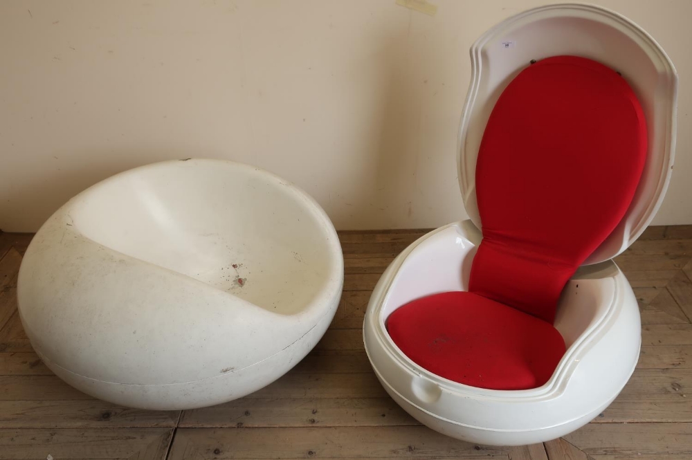 1960s style vintage folding egg chair and a later circular style rocking egg chair