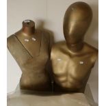Early-mid 20th C female torso mannequin, a gold finished male torso and head mannequin and two