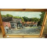 Gilt frame oil on board painting of Burley village, Hampshire by H M Norman (85cm x 60cm)