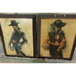 Large pair of Windsor Art Production Canadian artworks depicting Spanish style horseman and woman,